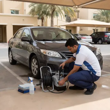 Mobile car wash technician preparing equipment