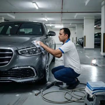 Technician polishing cloudy car headlights