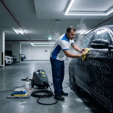 Technician washing a car in a parking area