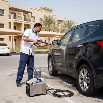 Mobile car wash technician cleaning a car in Dubai parking