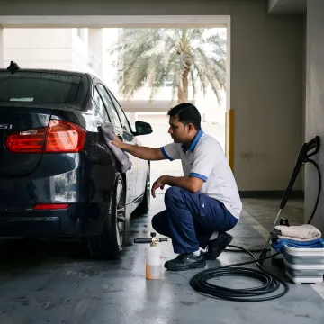 Technician detailing a BMW in Dubai parking