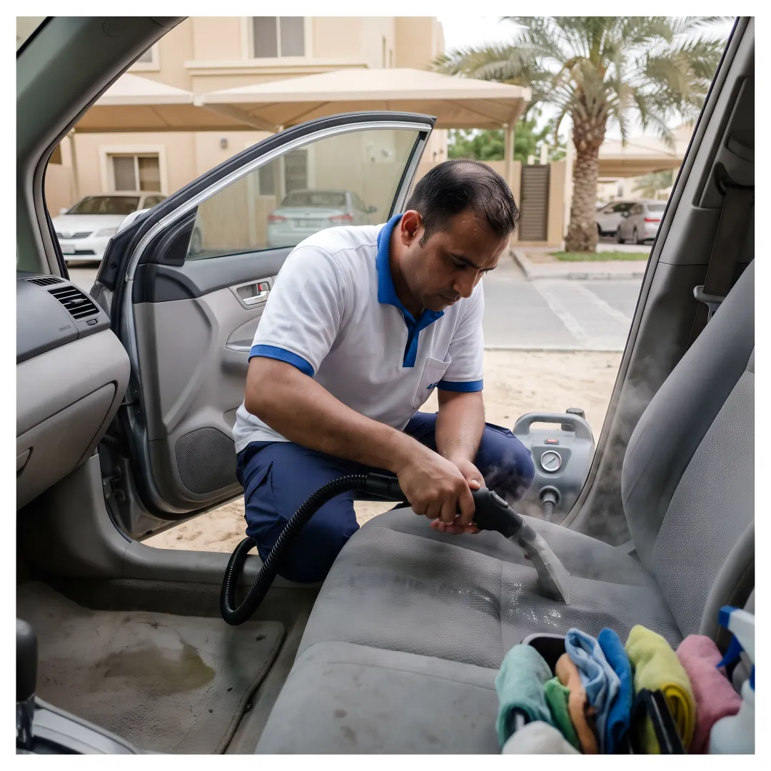 Mobile car cleaning technician deep cleaning a vehicle interior