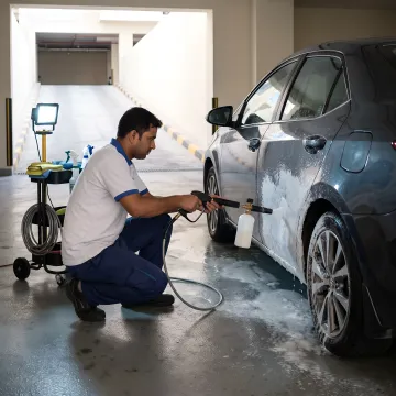 Technician machine polishing a car