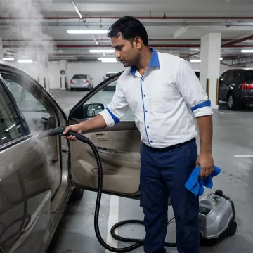Mobile technician steam cleaning car interior