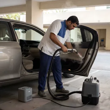 Technician cleaning car interior for odor removal