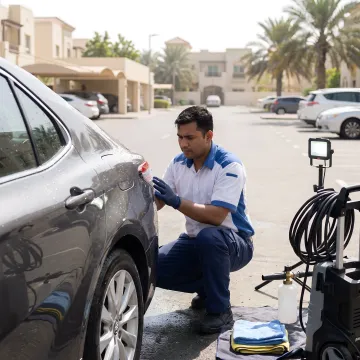 Technician inspecting polished car paint