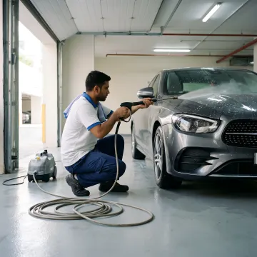 Technician polishing car paint