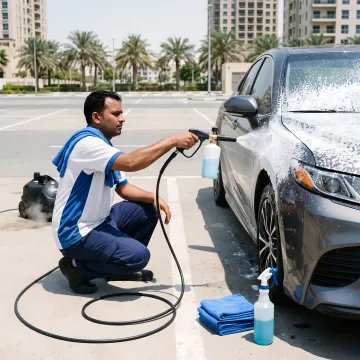 Mobile car detailing process in Dubai parking area
