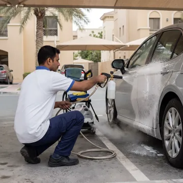 Mobile car wash process in Dubai parking area