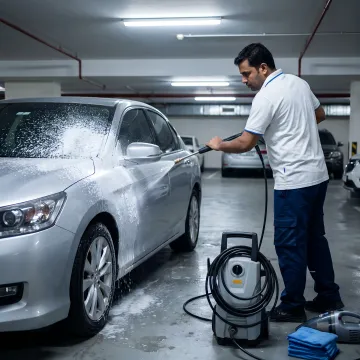 Mobile car wash technician cleaning a parked car