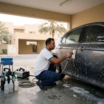 Mobile technician cleaning car in Dubai parking area