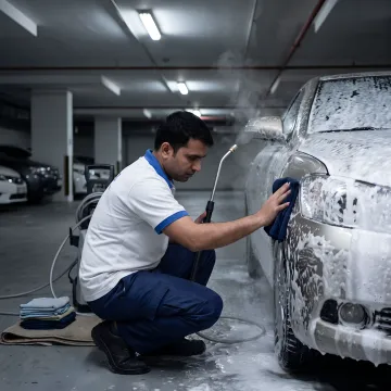 Mobile car wash technician cleaning vehicle