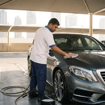 Technician machine polishing a car hood