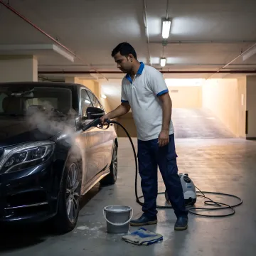 Mobile car wash technician cleaning a car in Dubai parking