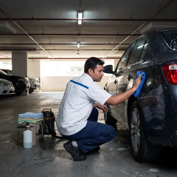 Mobile car wash process in Dubai parking