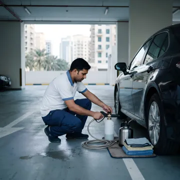 Mobile car wash technician preparing equipment