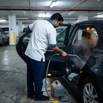 Mobile technician steam cleaning a car interior