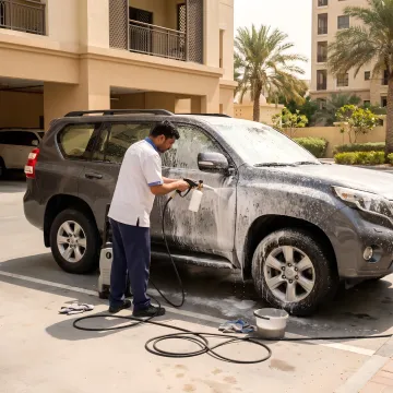 Mobile car wash technician detailing a Toyota Prado