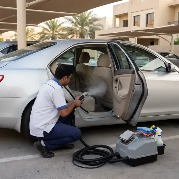 Technician extracting stains from car seats