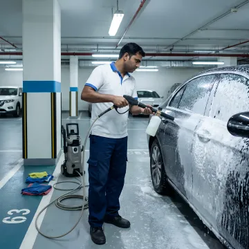 Mobile car wash technician cleaning a car in parking