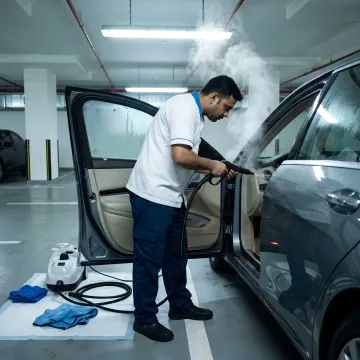 Mobile steam car wash technician cleaning car in Dubai