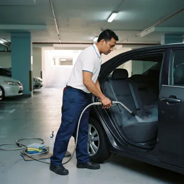 Technician steam cleaning a car interior