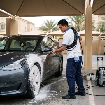 Mobile car wash technician cleaning a Tesla in Dubai parking