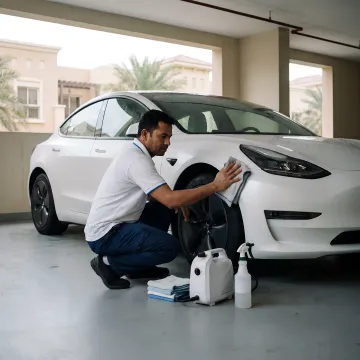 Mobile technician cleaning a Tesla in Dubai parking