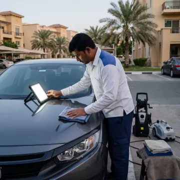 Car detailing technician polishing a vehicle
