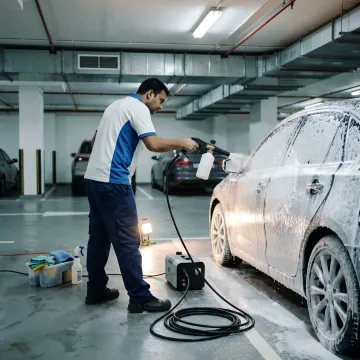 Technician washing a car in a Dubai parking area