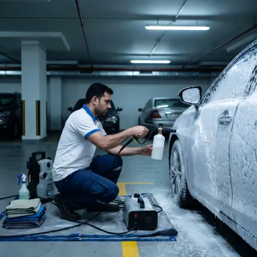 Mobile car wash technician cleaning a vehicle