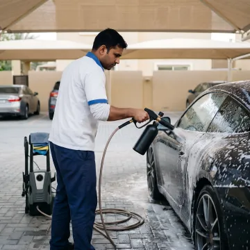 Mobile technician cleaning a sports car