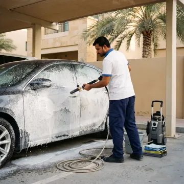 Mobile car wash technician cleaning a parked vehicle