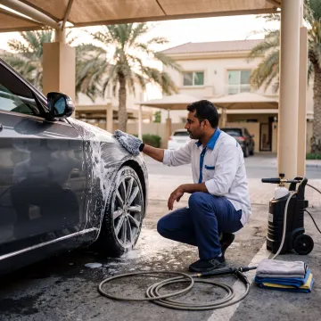 Mobile car wash technician cleaning a car in Dubai parking