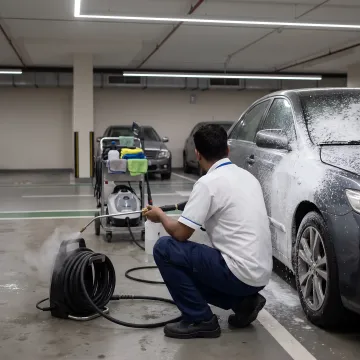 Mobile car wash technician cleaning vehicle