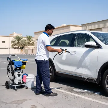 Mobile technician washing a commercial van fleet
