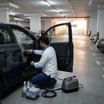 Technician steam cleaning a car interior