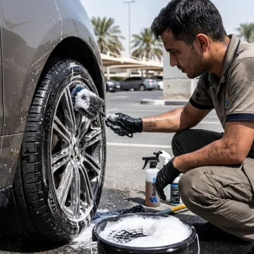 Technician cleaning car wheel and tyre