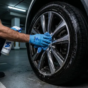 Clean car wheel and tyre in Dubai parking area
