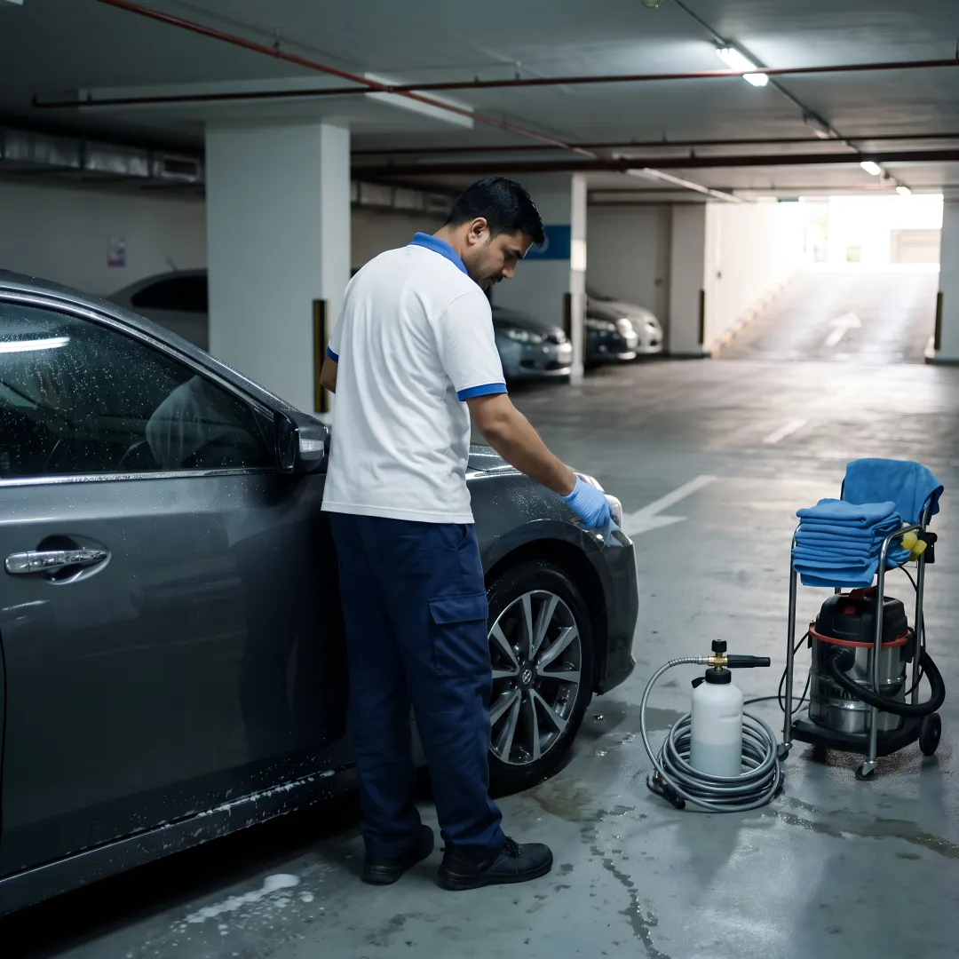 Mobile car wash process in Dubai parking
