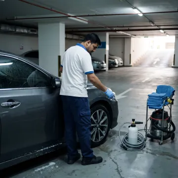 Mobile car wash process in Dubai parking