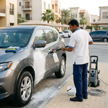 Mobile truck wash technician cleaning a parked vehicle
