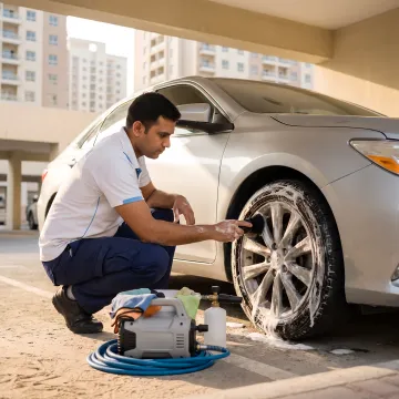 Mobile technician cleaning car wheels