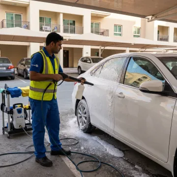 Technician washing a car at a residential parking spot