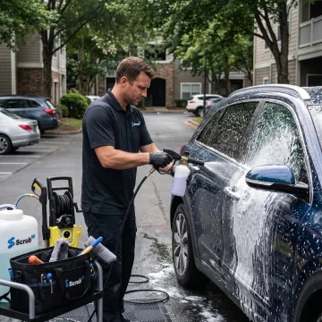 Technician cleaning a car at a residential parking space