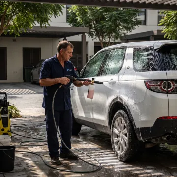 Mobile car wash technician cleaning a vehicle in Dubai Hills