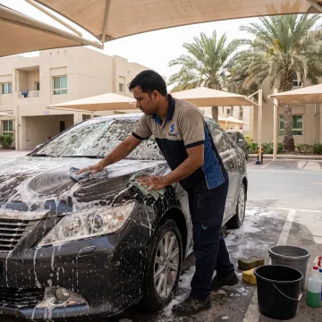 Mobile technician washing a car in Dubai