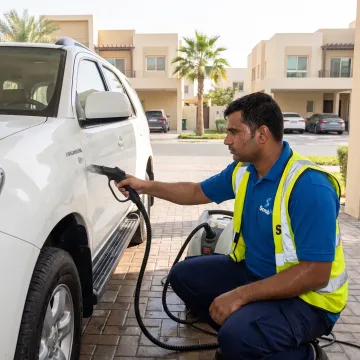 Technician completing a mobile car wash booking service