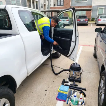 Technician cleaning a car interior at home