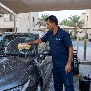 Technician cleaning a car at a Dubai parking space